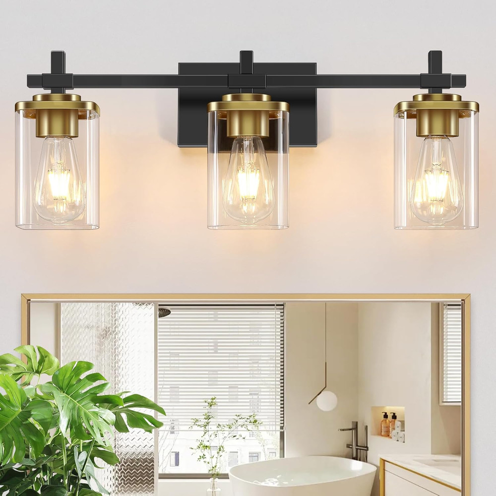 3-Lights Black and Gold Bathroom Light Fixtures over Mirror, Modern Brushed Gold