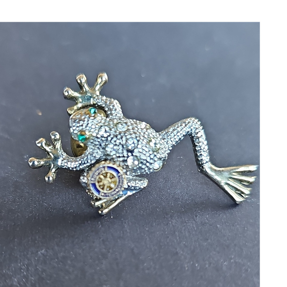 Vintage Rotary Frog Brooch Pin -Gold Tone Metal/Clear Round Rhinestones Pavé Set