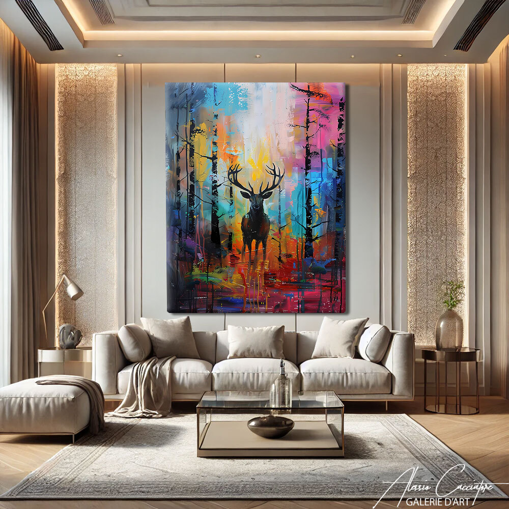 Modern Abstract Framed Canvas Wall Art Forest Painting Deer Wall Decor Colorful-image