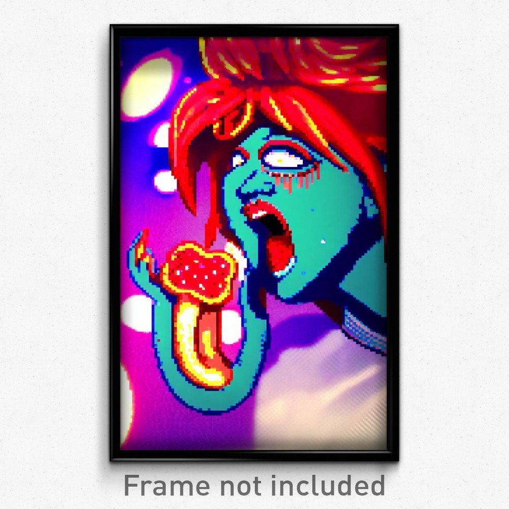 8-Bit Psychedelic Pixel Art Poster - Gigantic Mouth Trippy Gamer Print