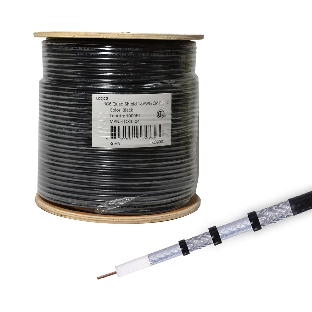 1000ft RG6 Quad Shield Coax Cable 18 AWG for Satellite TV Black Bulk