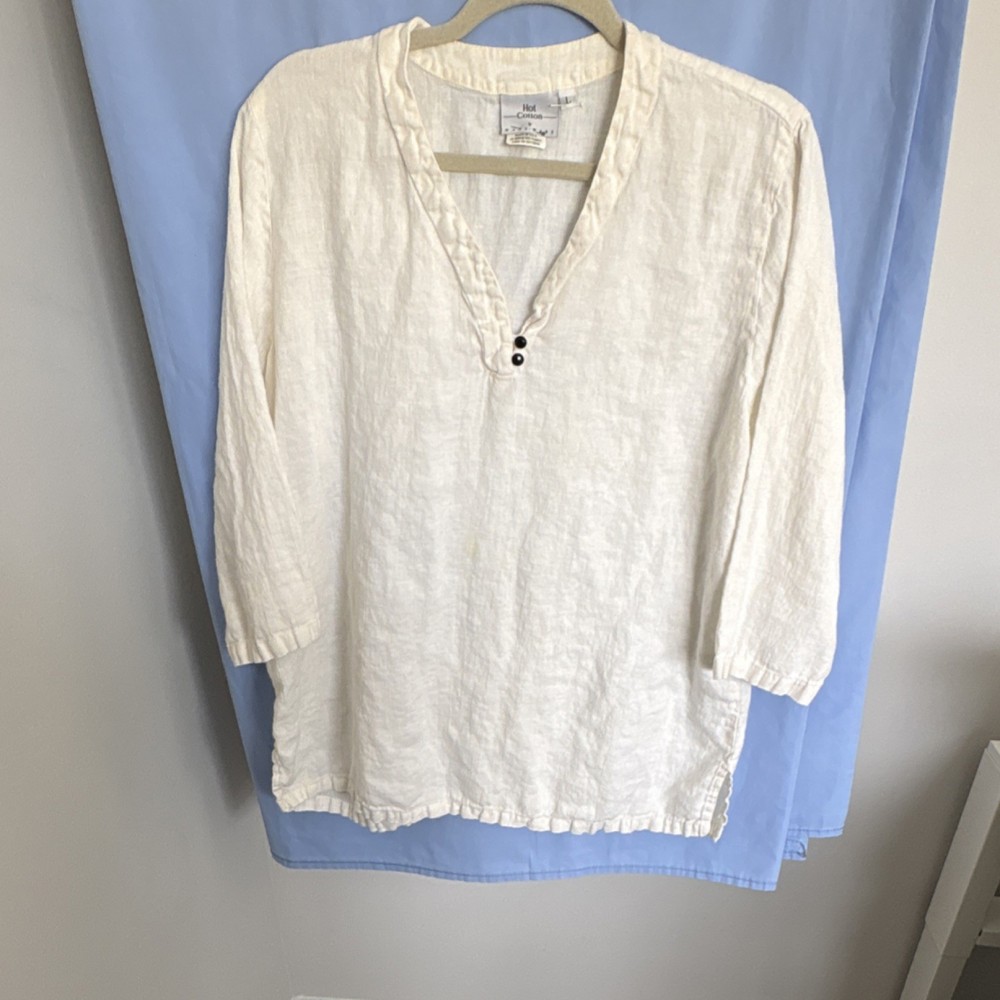 Hot Cotton Women's 100% Linen Tunic Blouse V-Neck Button 3/4 Sleeve Ivory L