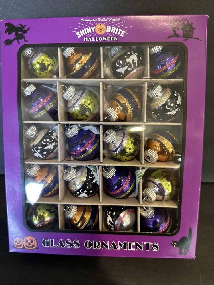 Christopher Radko Shiny Brite Halloween 20 Mini Glass Ornaments Cats Bats Retro