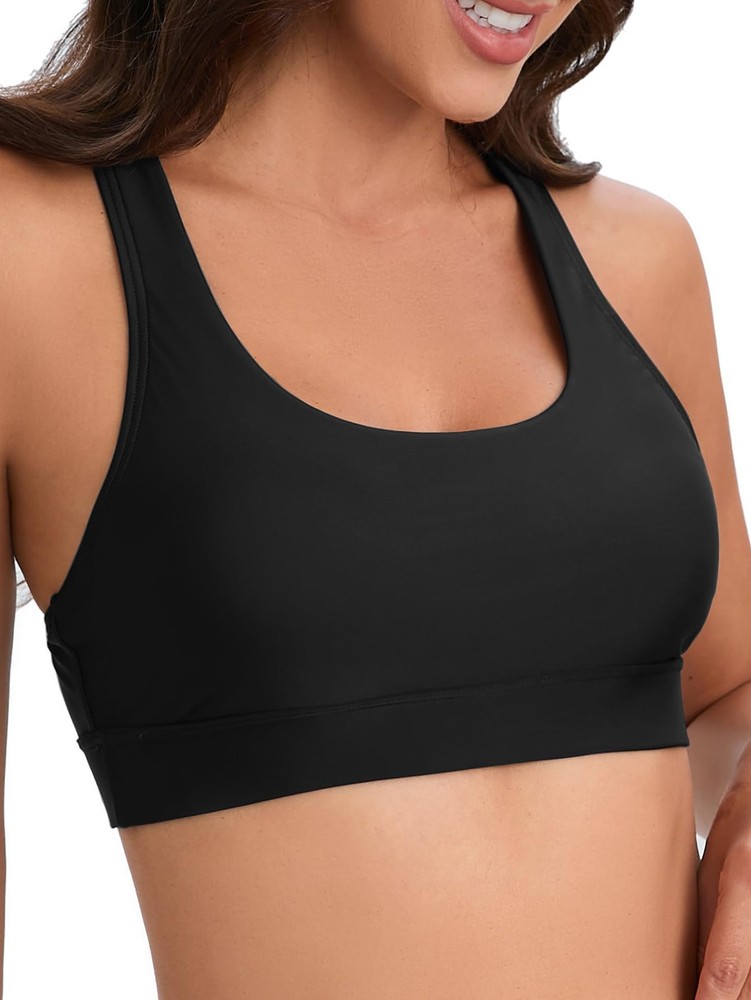 Women Racerback Sports Swim Bra High Neck Bikini Tops Black Medium,