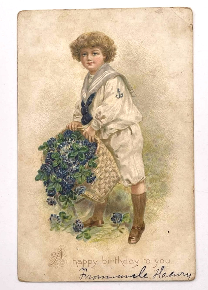 c1910's Birthday Sailor With Basket Flowers Embossed Tuck Antique Postcard