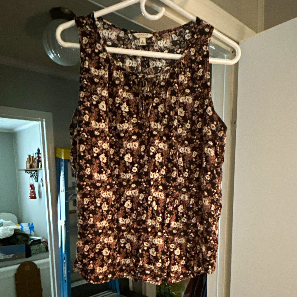 Sonoma Women’s L Black Floral Tie Neck Sleeveless Button Blouse Rayon