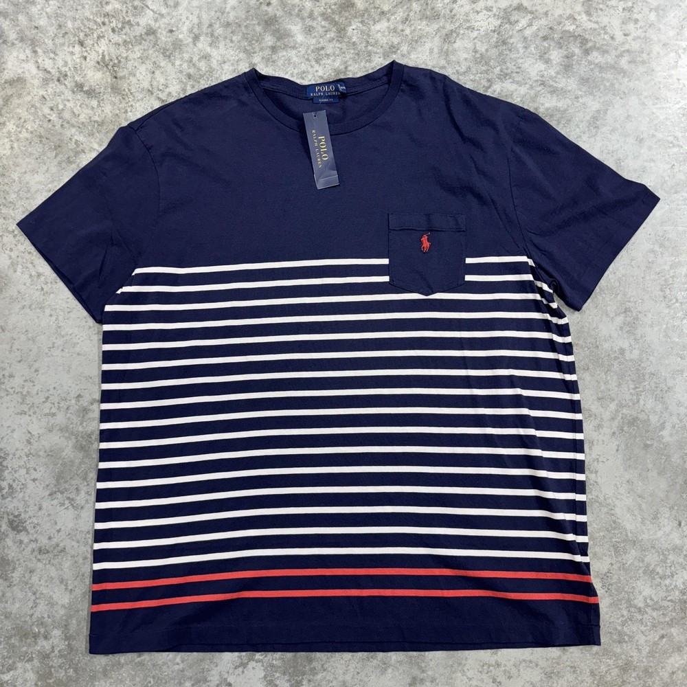 Polo Ralph Lauren Shirt Mens XL Navy Classic Fit Stripe Pocket Tee Crewneck
