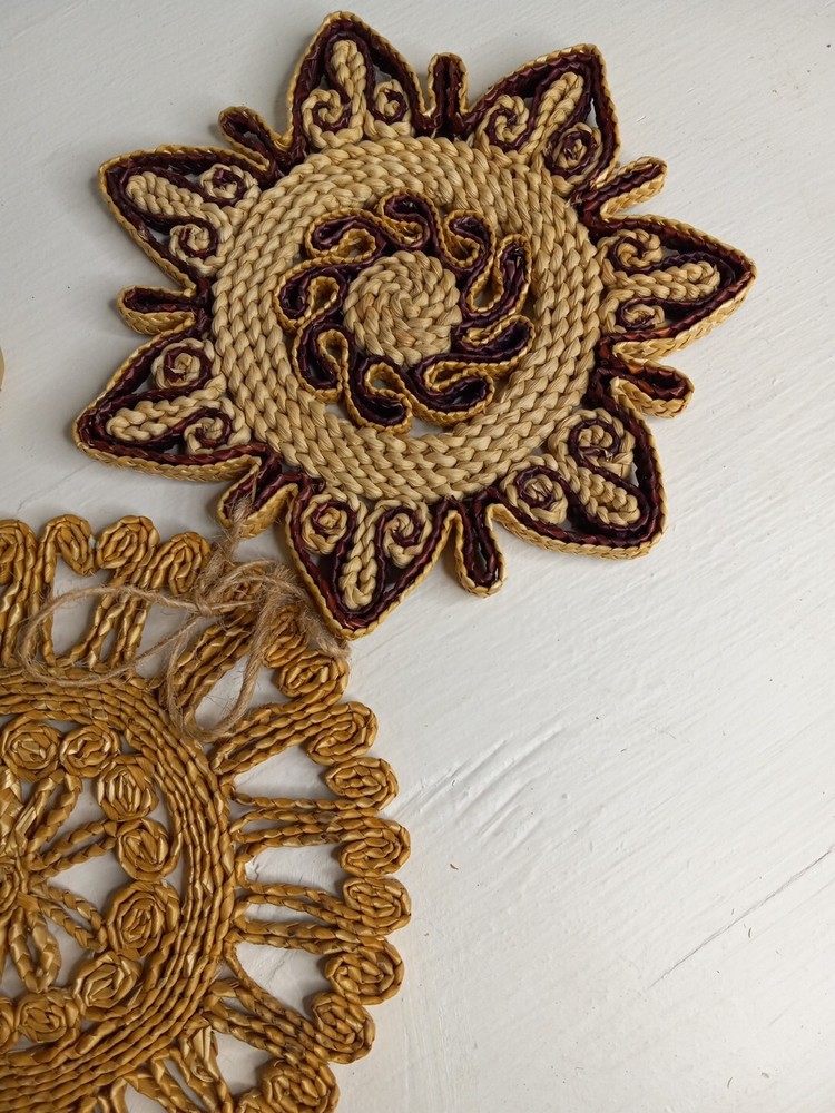 Remaches de rafia vintage tejidos de mimbre paja floral abanico decoración cottagecore abuela-image