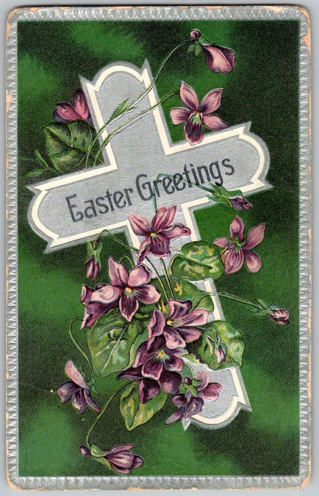 Antique Postcard Easter Violet Cross 1910s