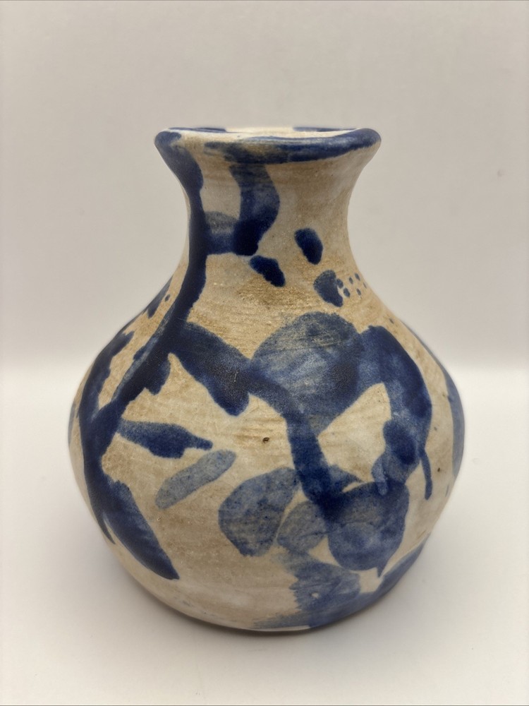 Studio Art Pottery Rustic Vase Blue White Tan~4.5 Inch