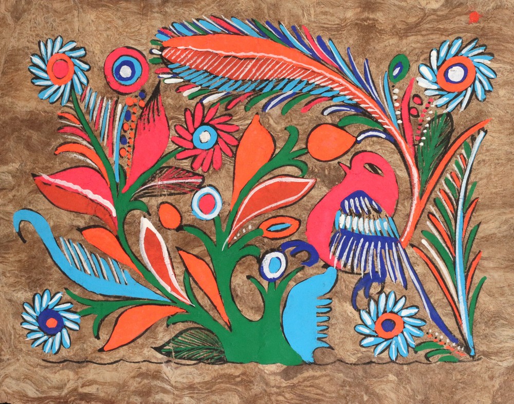 Contemporary abstract composition gouache painting bird and flowers