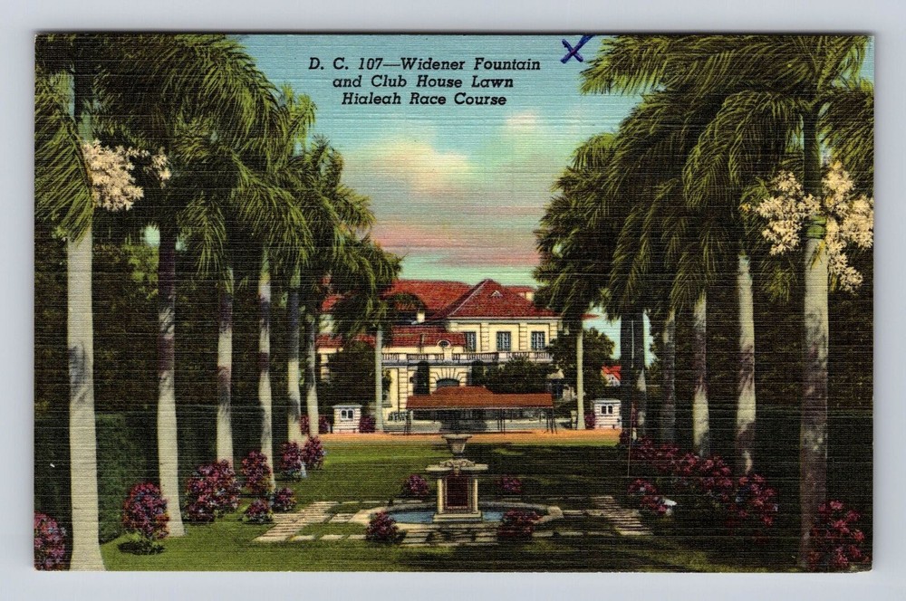 Hialeah FL-Florida, Widener Fountain, Lawn Hialeah Race Course Vintage Postcard