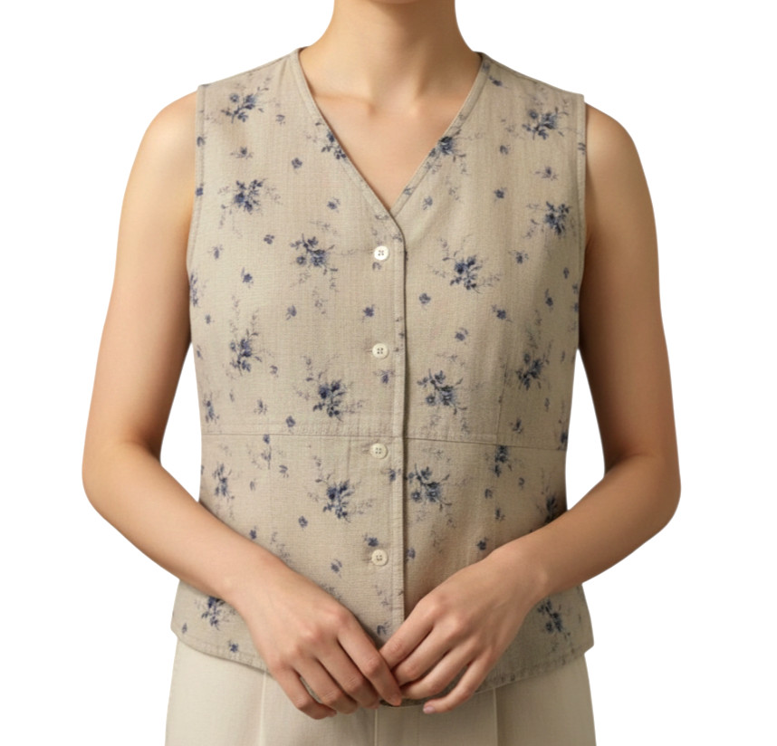 VTG Liz Claiborne Liz Sport LINEN BLEND VEST TOP Beige w/Blue Toile Floral SZ 8