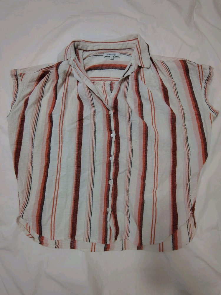 Madewell Women's Striped Button-Down Short Sleeve Shirt Blue Red, Size Small