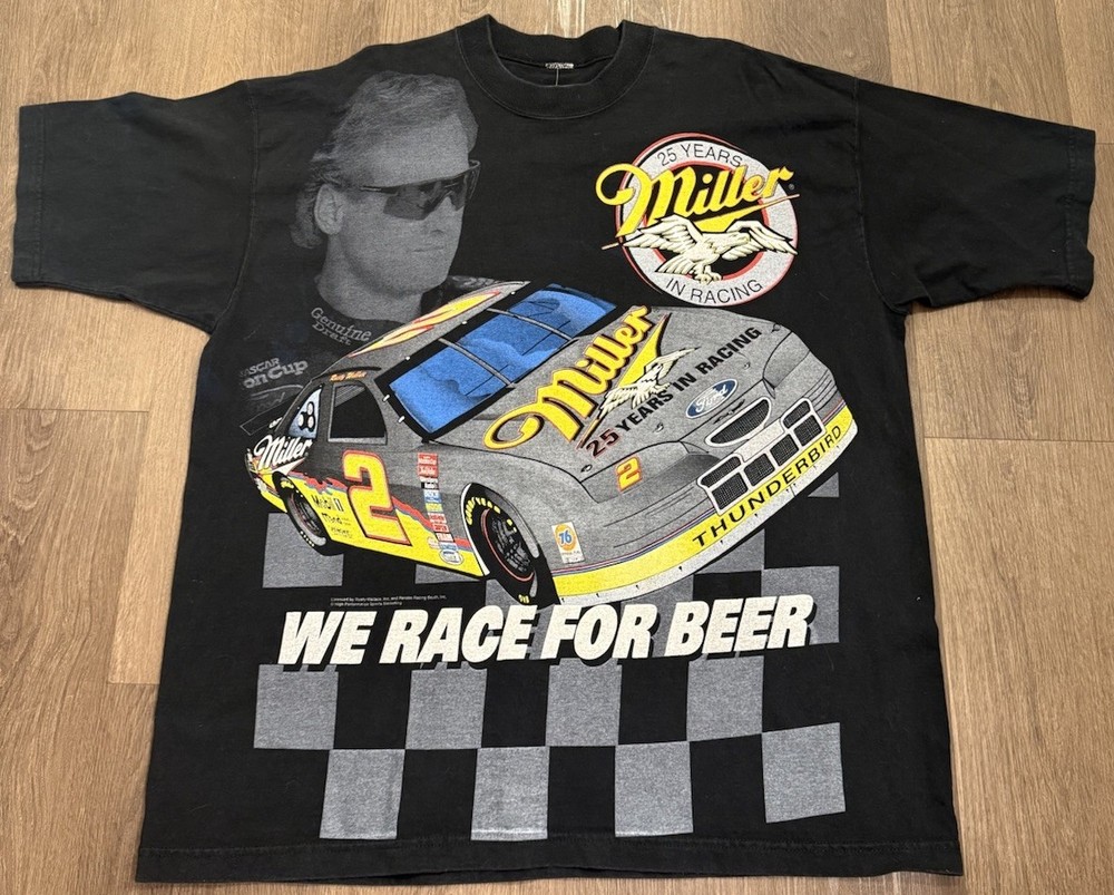 Vintage 3XL Miller Rusty Wallace Nascar AOP We Race For Beer 25 Yrs Chase 90s