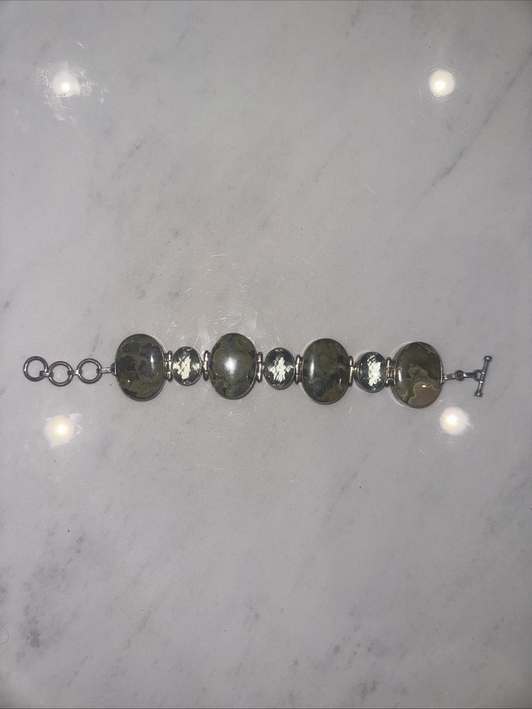 vintage 925 sterling silver chain bracelet with turritella agate gemstones