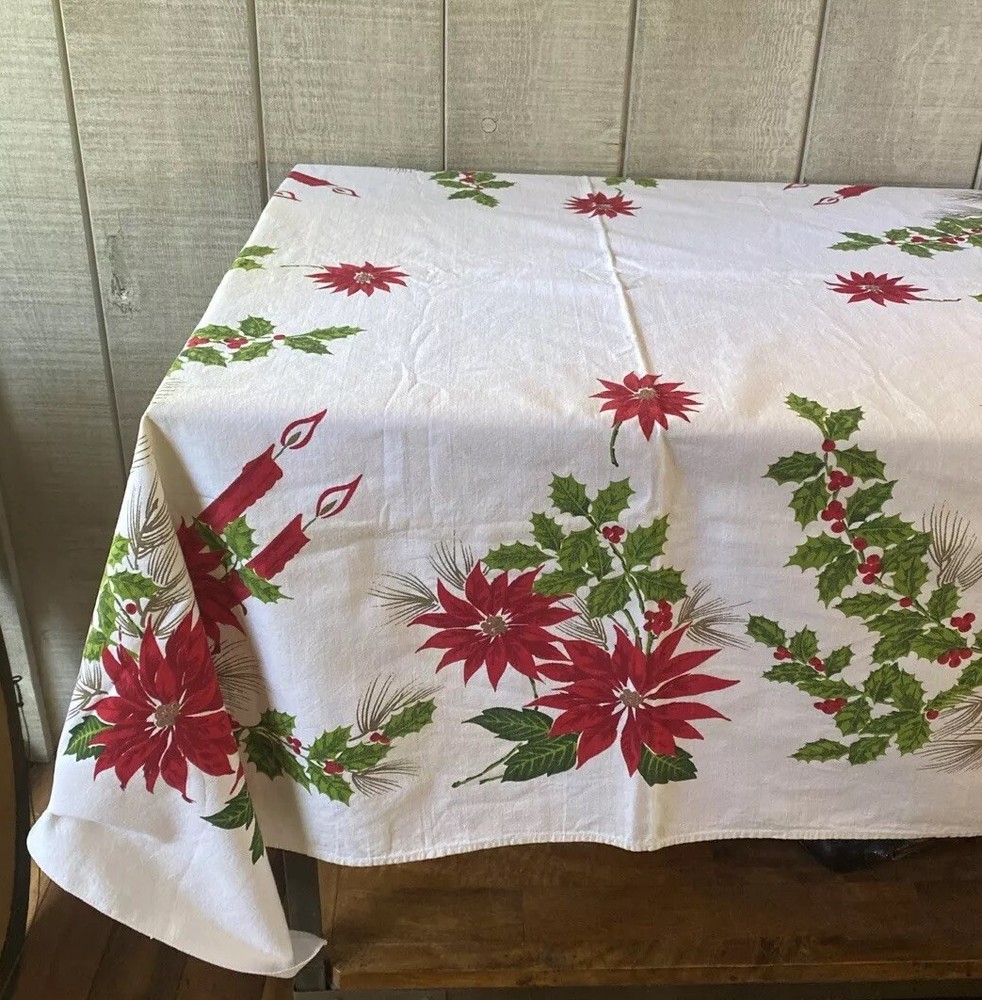 Vintage Tablecloth Christmas Holiday Poinsettias 52” X 46”