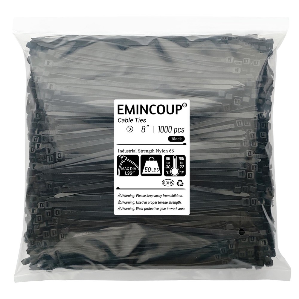 1000-Pack 8-Inch Black Zip Ties with 50lb Tensile Strength