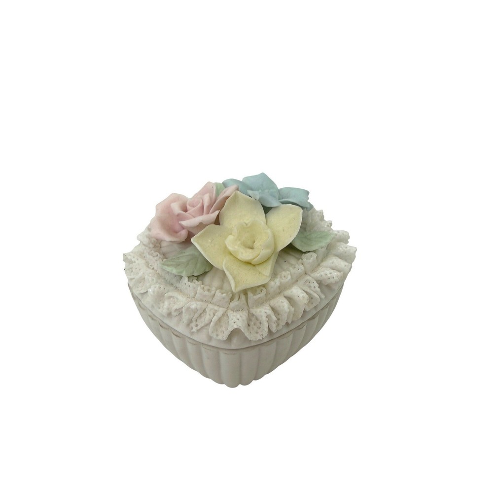 Vintage Heart Porcelain Trinket Box Floral Bisque Lace Ruffle White Pink Blue