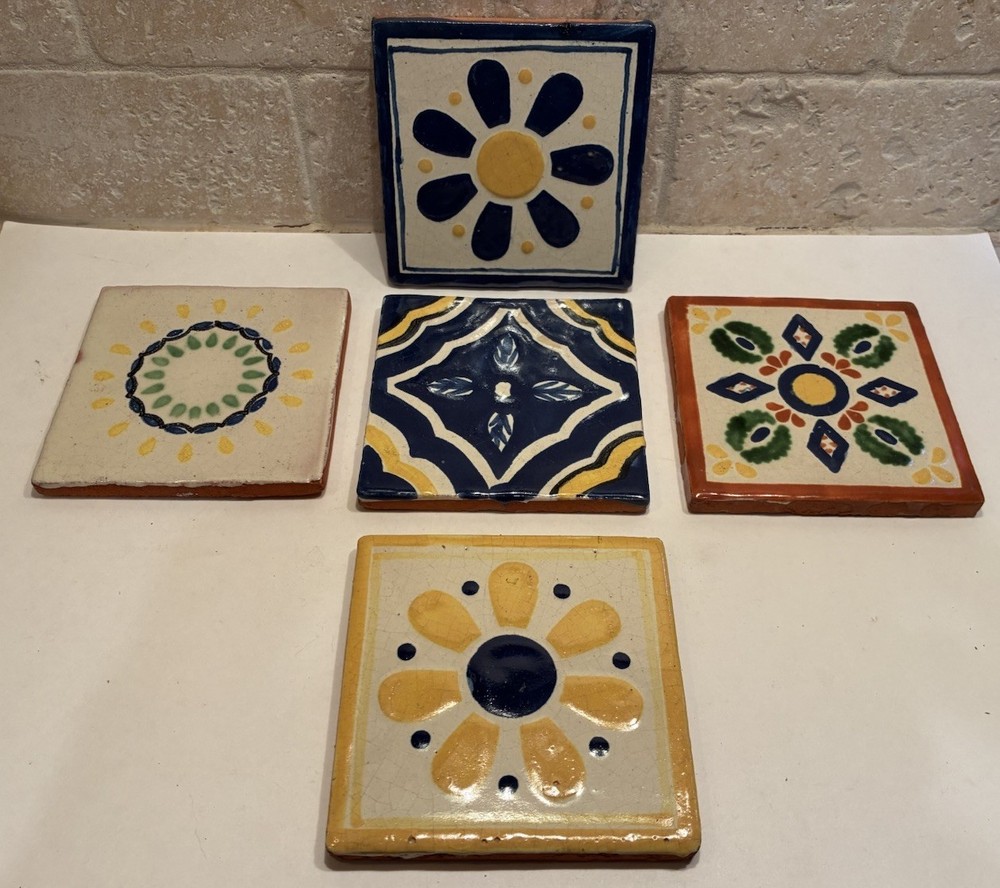 Vintage Hand Painted Mexican Terracotta Tiles 4x 4 Set Of 5