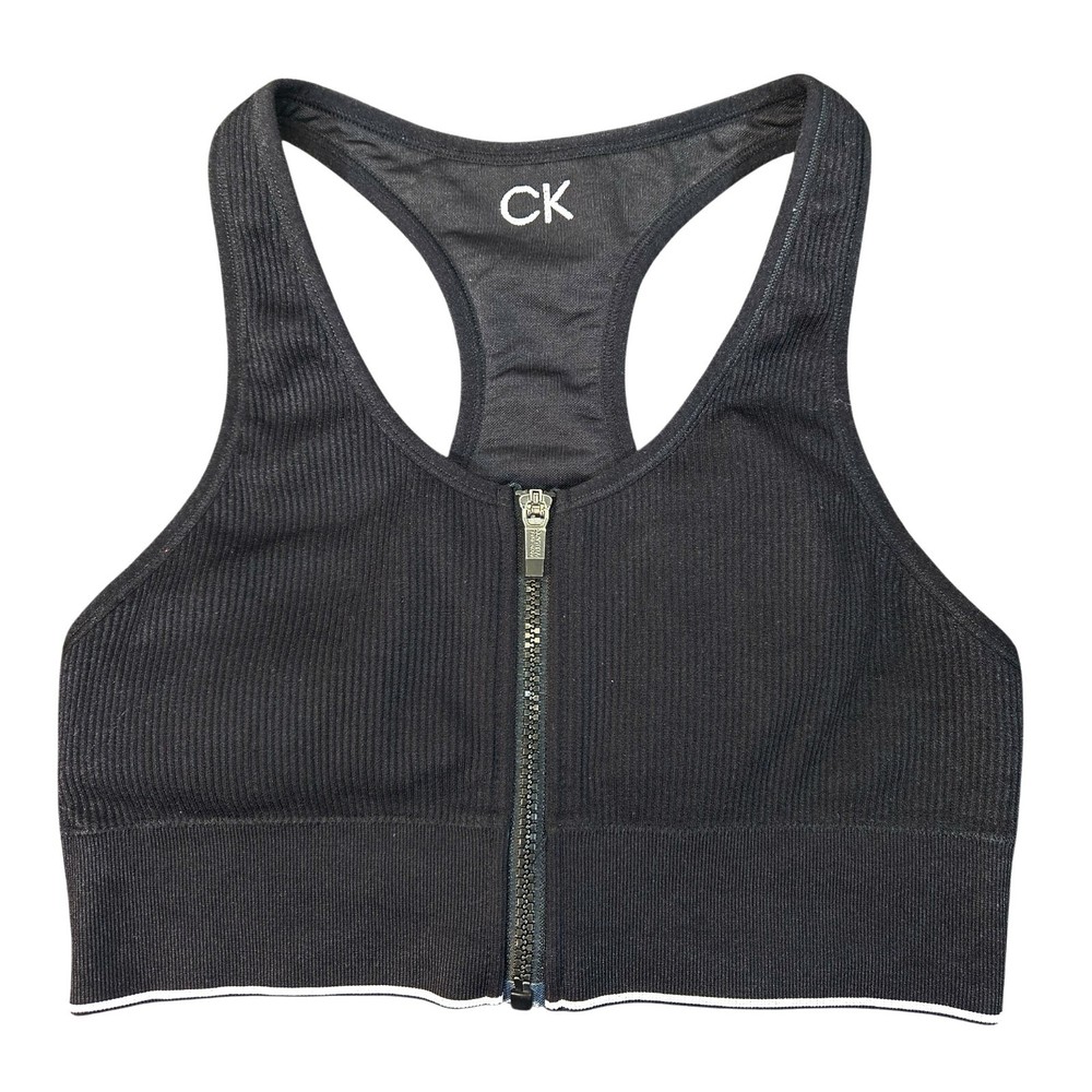 Womens CK Calvin Klein Performance Ribbed Front Zip Sports Bra Racerback Size L
