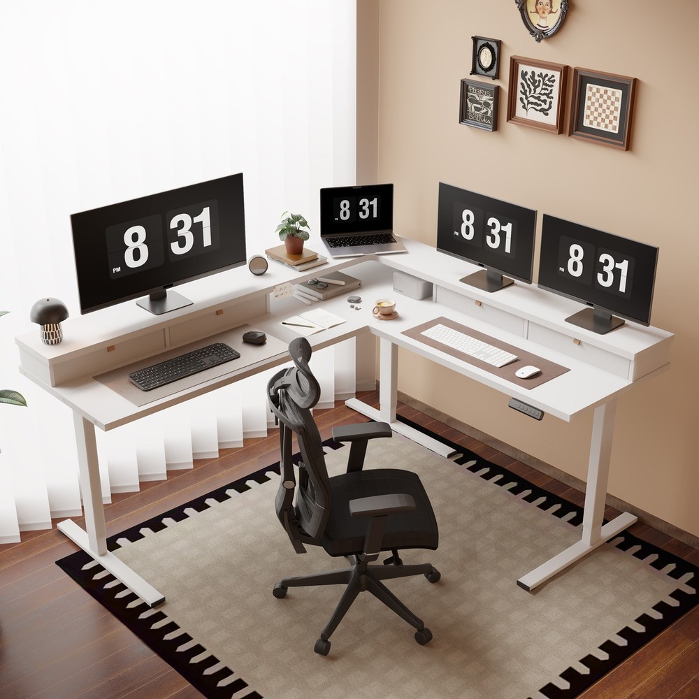 FLEXISPOT L Shaped Standing Desk, Computer Desk w/ Monitor Shelf & Drawers