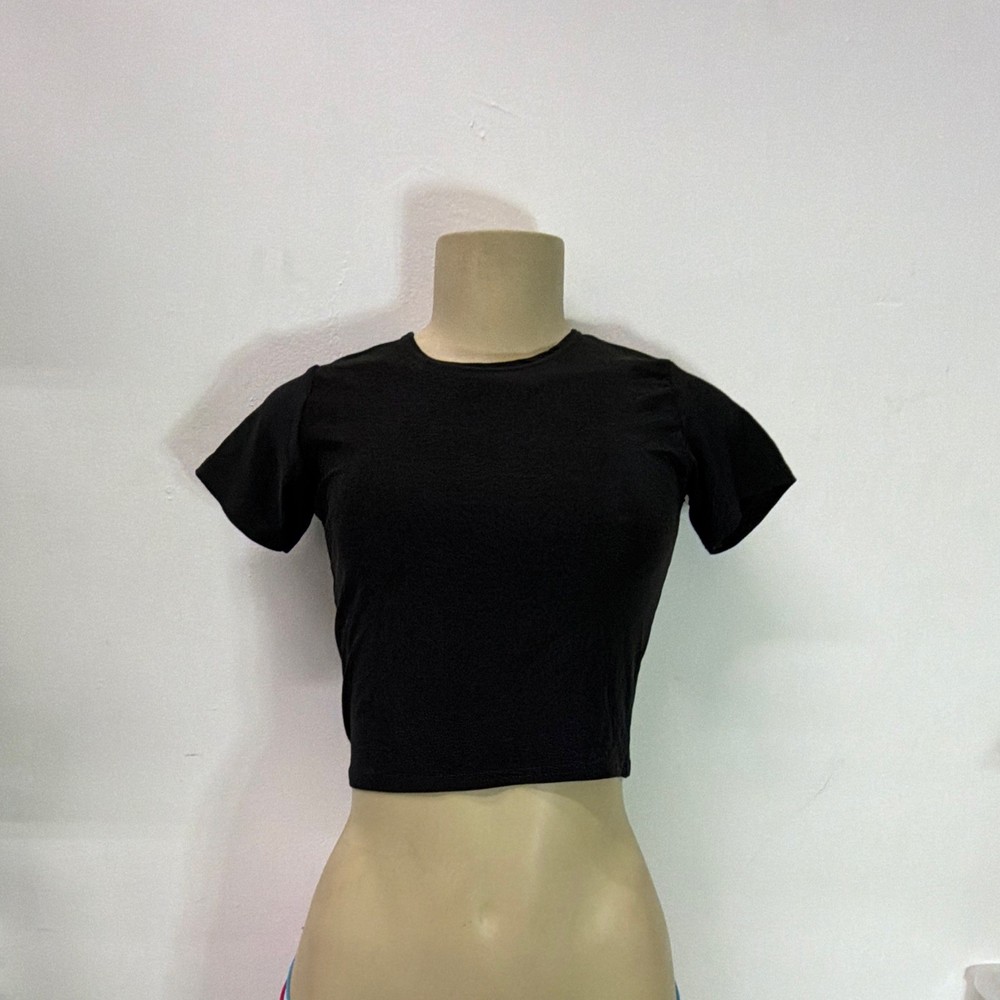 Cheryl Creations Black Acetate Lycra Cropped T-Shirt, Short Sleeve Crew Neck S