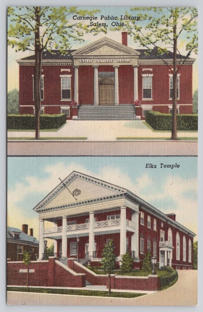 Postcard Carnegie Public library, Elks Temple Salem, Ohio