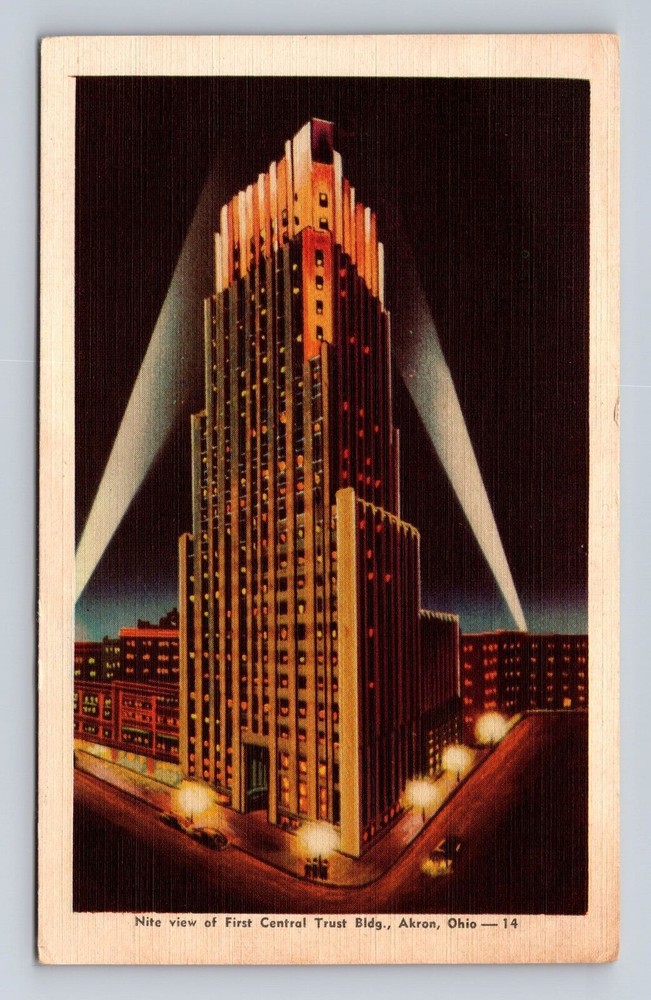 Akron OH-Ohio, First Central Trust Building Night View, Antique Vintage Postcard