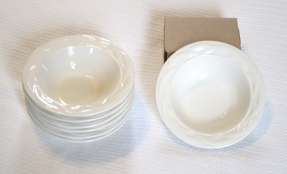 Pfaltzgraff Acadia White 7-Piece Soup Cereal Bowl Set with Basket Weave Rim 6-7/16 Inches-image