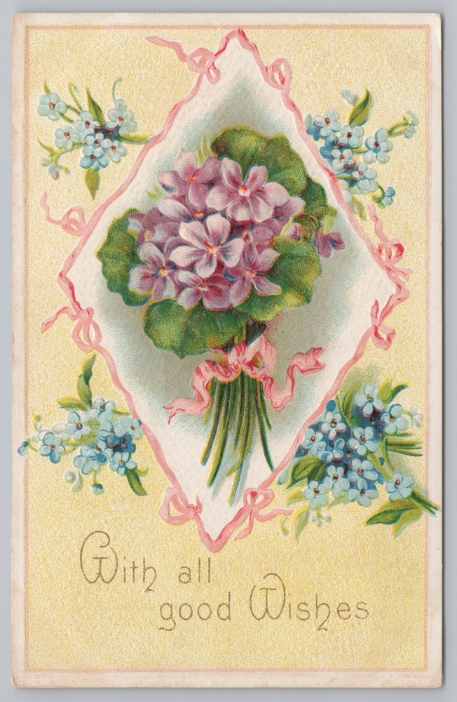 Greetings~Forget Me Nots & Purple Flowers All Good Wishes~Vintage Postcard