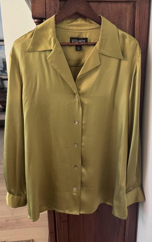 Linda Allard Ellen Tracy Blouse Womens 14 Green Silk Satin Button Long Sleeve