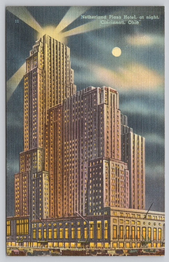 Linen Postcard Netherland Plaza Hotel at Night Cincinnati Ohio Vintage