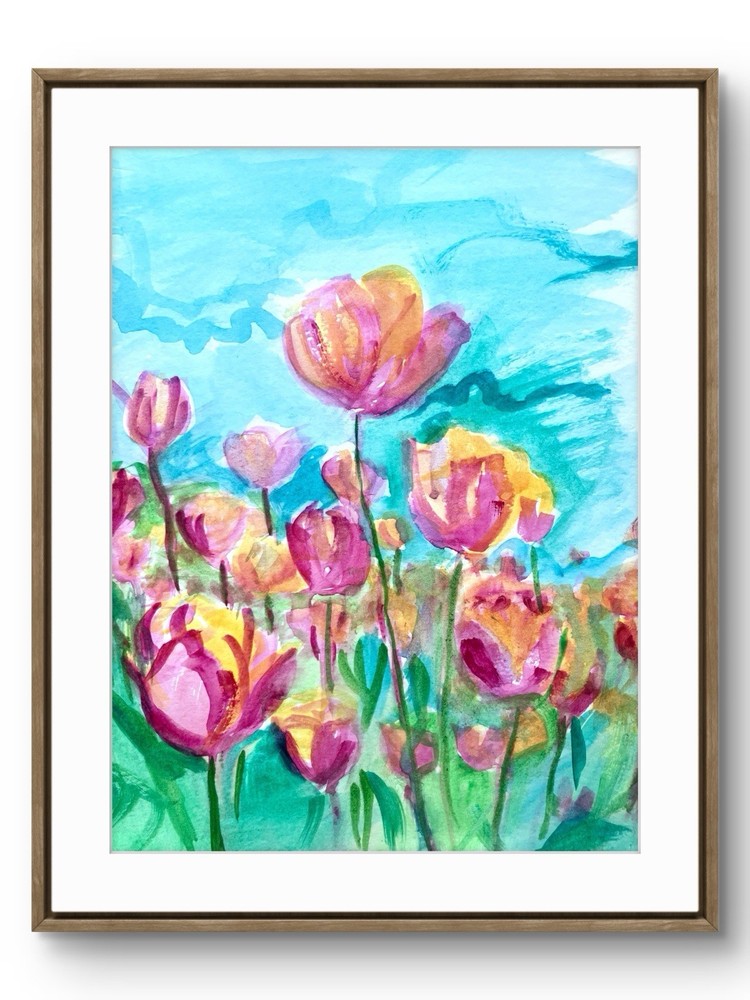 TITA PAINTZ Tulip Field Flowers Original Handmade Watercolor 9x12 Paper Wall Art