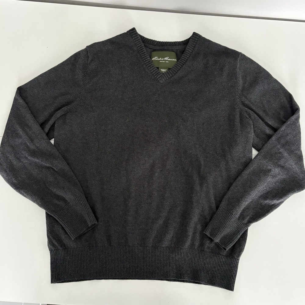 Eddie Bauer Men’s Cotton Cashmere V Neck Gray Pullover Knit Sweater Size L