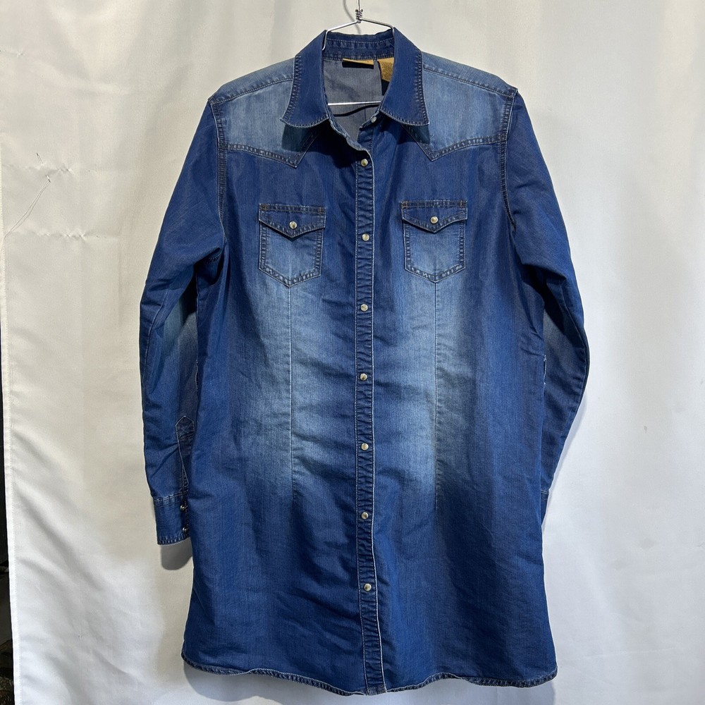 Wrangler Retro Pearl Snap Western Button Down Denim Shirt Dress Sz XL No BELT**