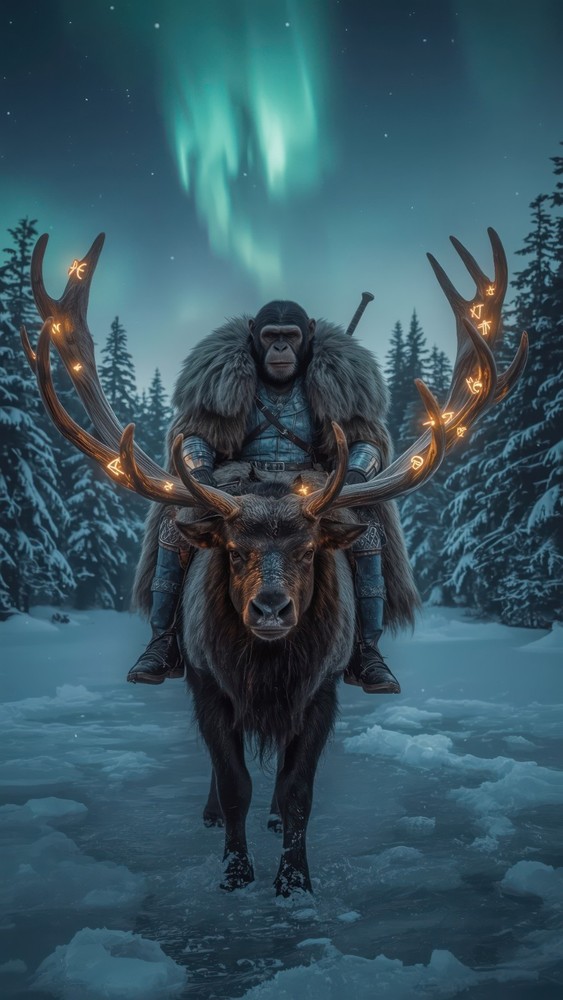 Epic Viking Chimp Warrior on Reindeer | AI Fantasy Wall Art Print | Digital