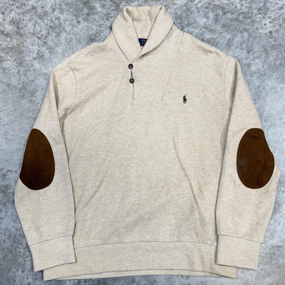 Polo Ralph Lauren Sweater Mens XL Beige Shawl Collar Suede Elbow Patch Knit