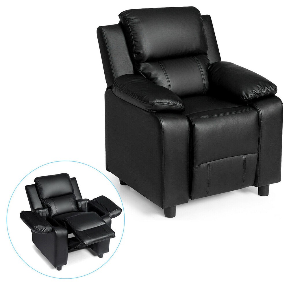 Deluxe Padded Kids Sofa Armchair Recliner Headrest Children w/ Storage Arm Black
