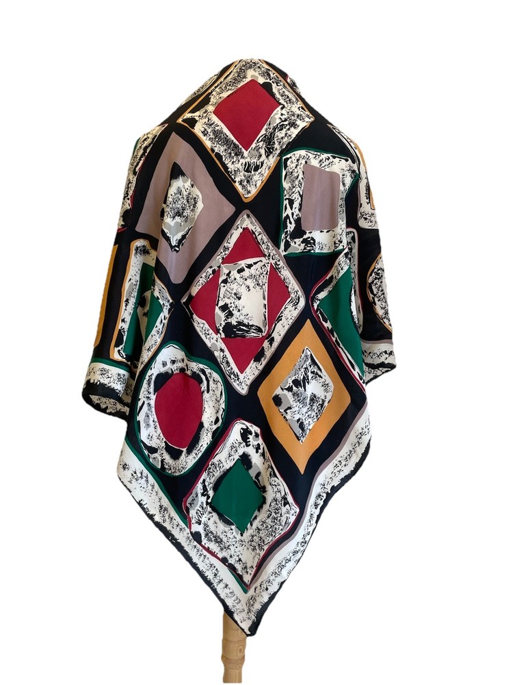 Vintage Abstract Geometric Silk Scarf Hand Rolled Color Block Design #A121  -image