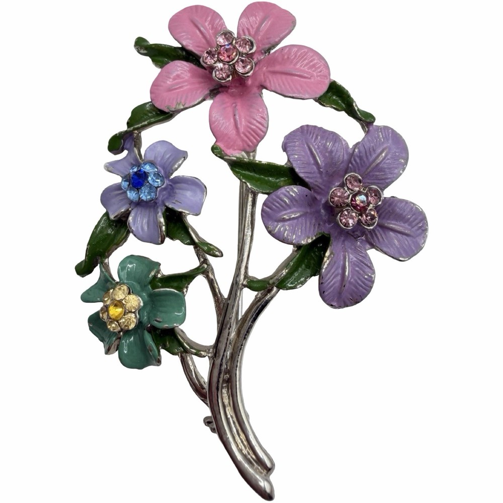 Vintage Enamel Flower Bouquet Brooch Pink Purple Blue Rhinestone Floral Pin