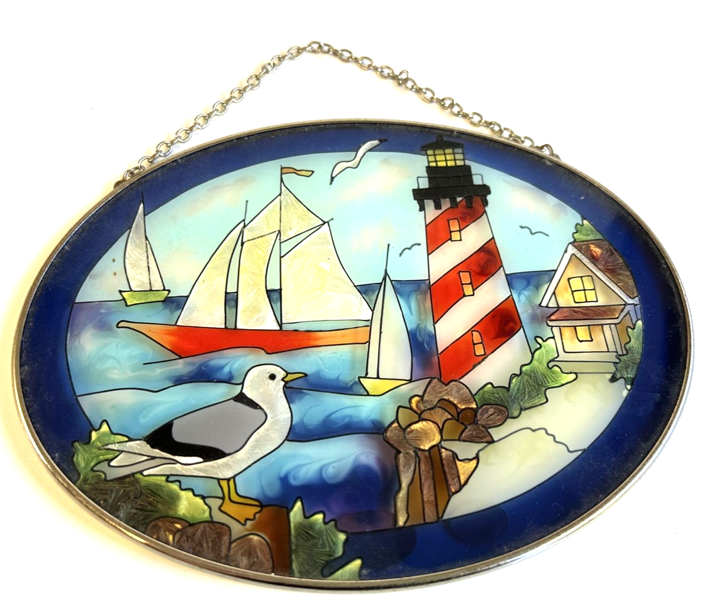 Joan Baker Stained Glass Lighthouse and Sailboats Hand-Painted Sun Catcher