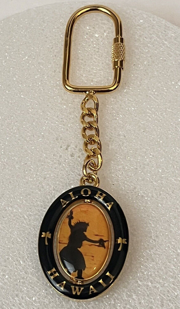Aloha Hawaii Spinner Gold Tone D-Ring Keychain