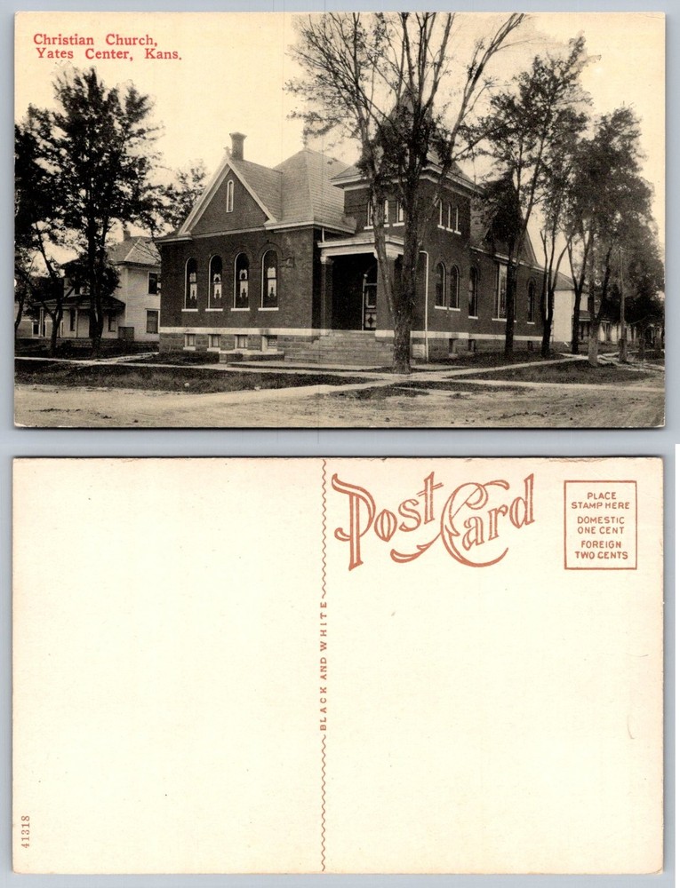 Christian Church Yates Center Kansas Vintage Postcard Black & White