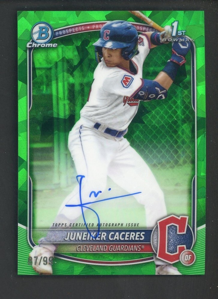 2025 Bowman Chrome Sapphire Green Juneiker Caceres RC Rookie AUTO 87/99PROBSTEIN is actively accepting consignments !!