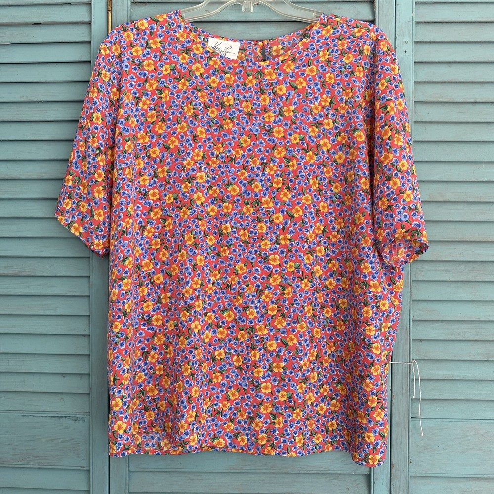 Kathie Lee Plus Size Short Sleeve Blouse Sz 18W Blue, Pink & Yellow