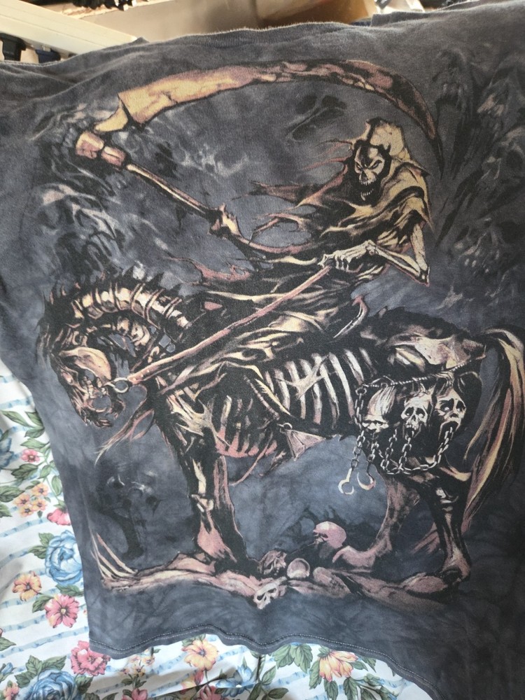 VINTAGE Y2K Graphic Tee Shirt S/XS GRAY AOP Skull  Grunge Reaper SKULLS DEAD