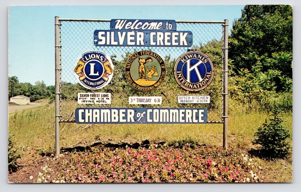 Welcome Sign Lions Club Kiwanis Erie Silver Creek New York NY 1950s Postcard