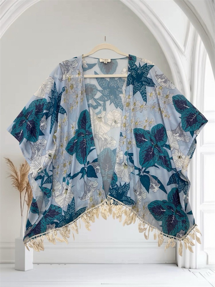 Umgee Womens Floral Crochet Trim Kimono Top Size Small Medium Relaxed Boho Chic