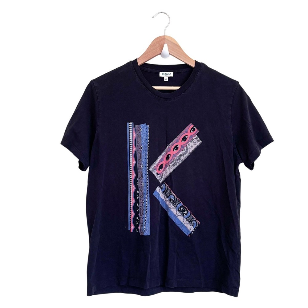 Kenzo Womens Eyes Graphic K Logo T-Shirt Size XL Black Streetwear Artsy Tee FLAW
